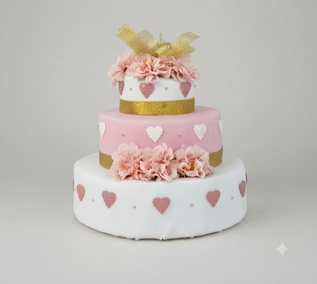 Torta Scenografica a Tre Piani con Fiori e Cuori - Elegante e Romantica