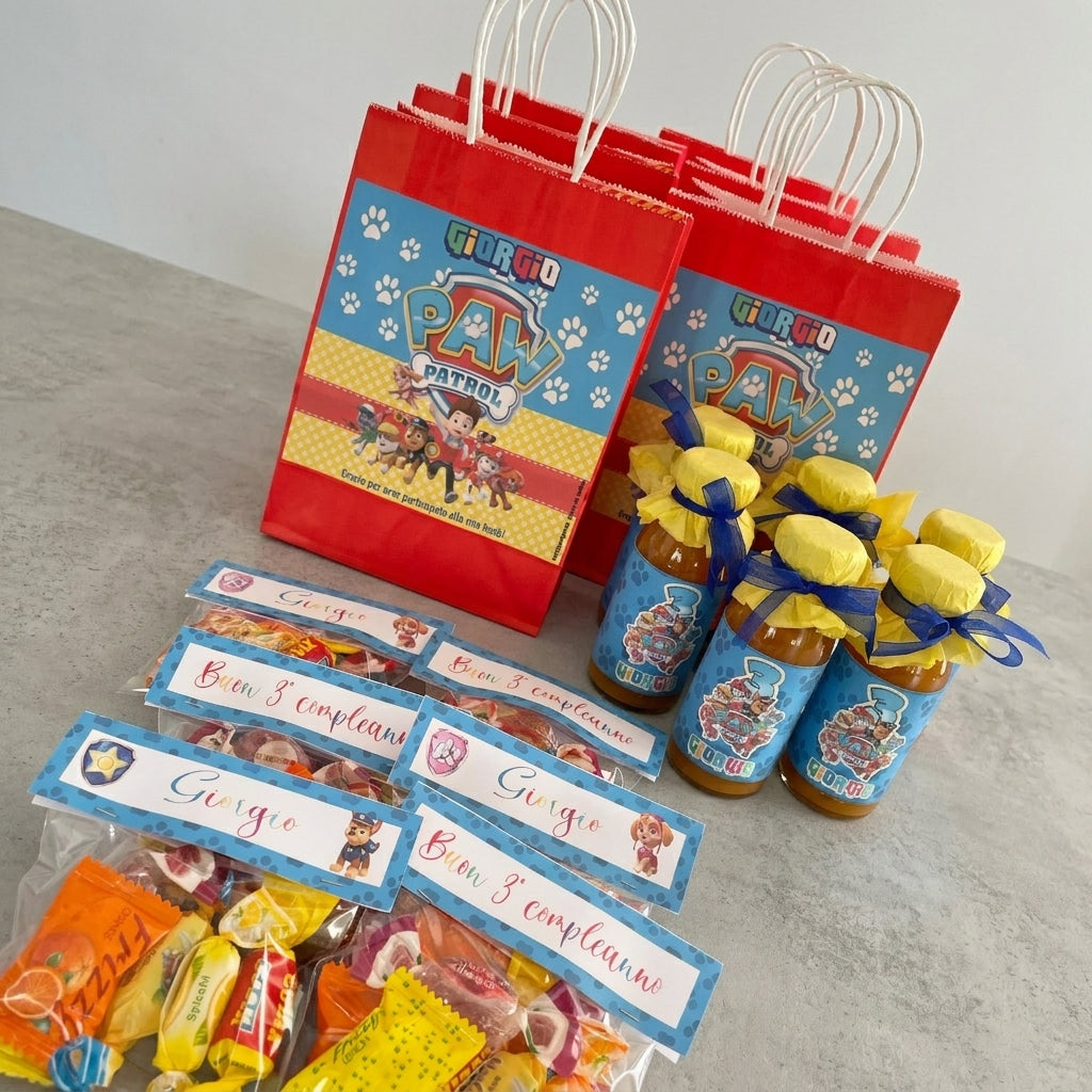 Party Bag Personalizzata – Kit Compleanno con Sacchetto, Succo e Bustina Caramelle incartate