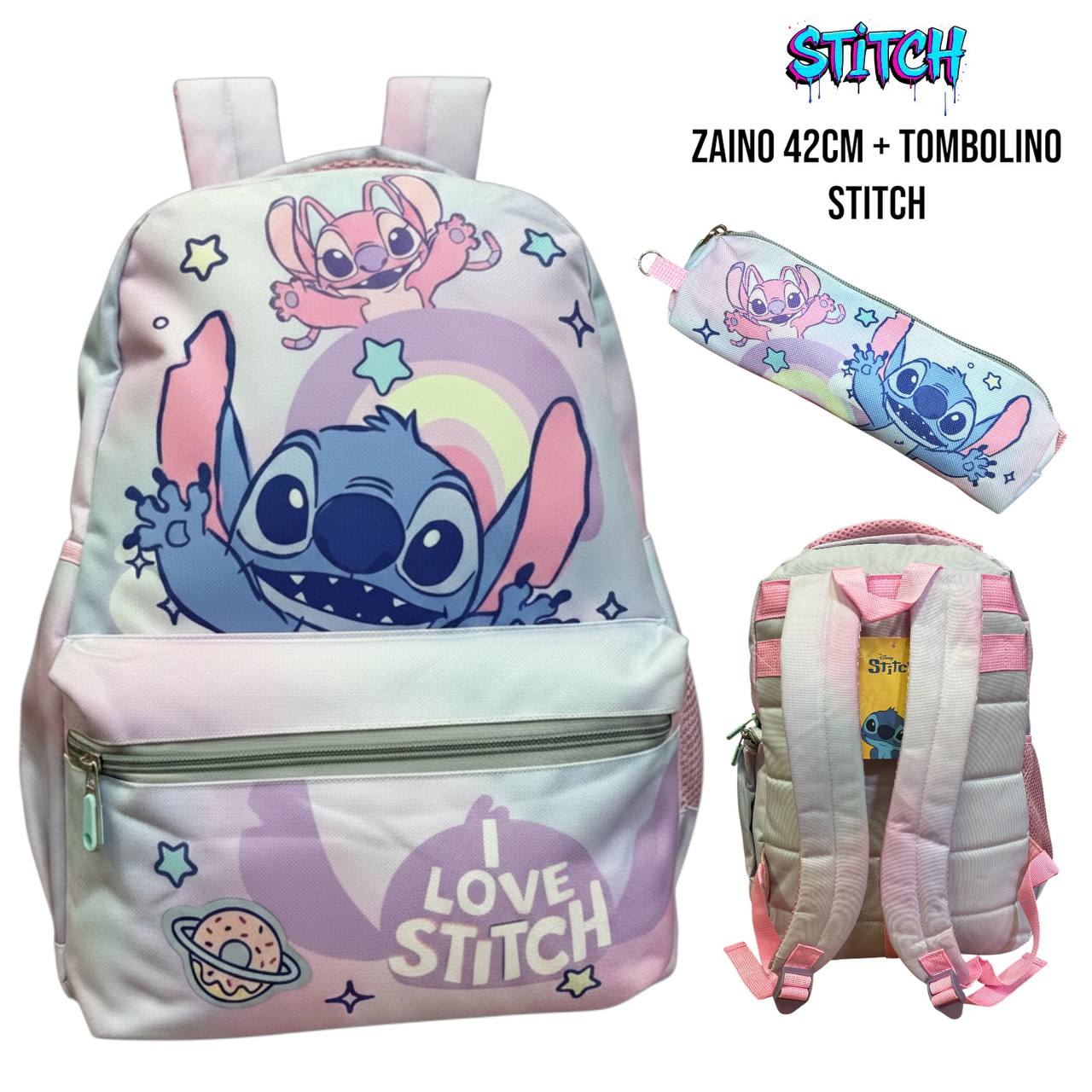 Zaino Scuola Stitch e Angel 42cm con Astuccio Tombolino Abbinato – Set Scuola Sfumato