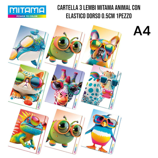 Cartella 3 Lembi con Elastico Mitama Animal Formato A4 - Fantasie Animali Colore Assortito (1 Pezzo)