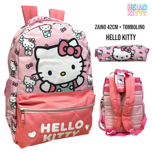 Zaino Scuola Hello Kitty 42cm con Astuccio Tombolino Abbinato – Set Scuola Rosa