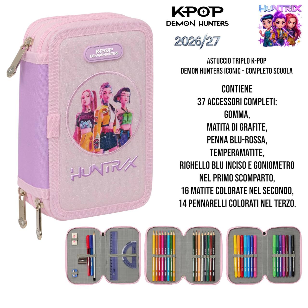 Astuccio Triplo Completo K-Pop Demon Hunters Iconic - 37 Accessori - Collezione 2026/27
