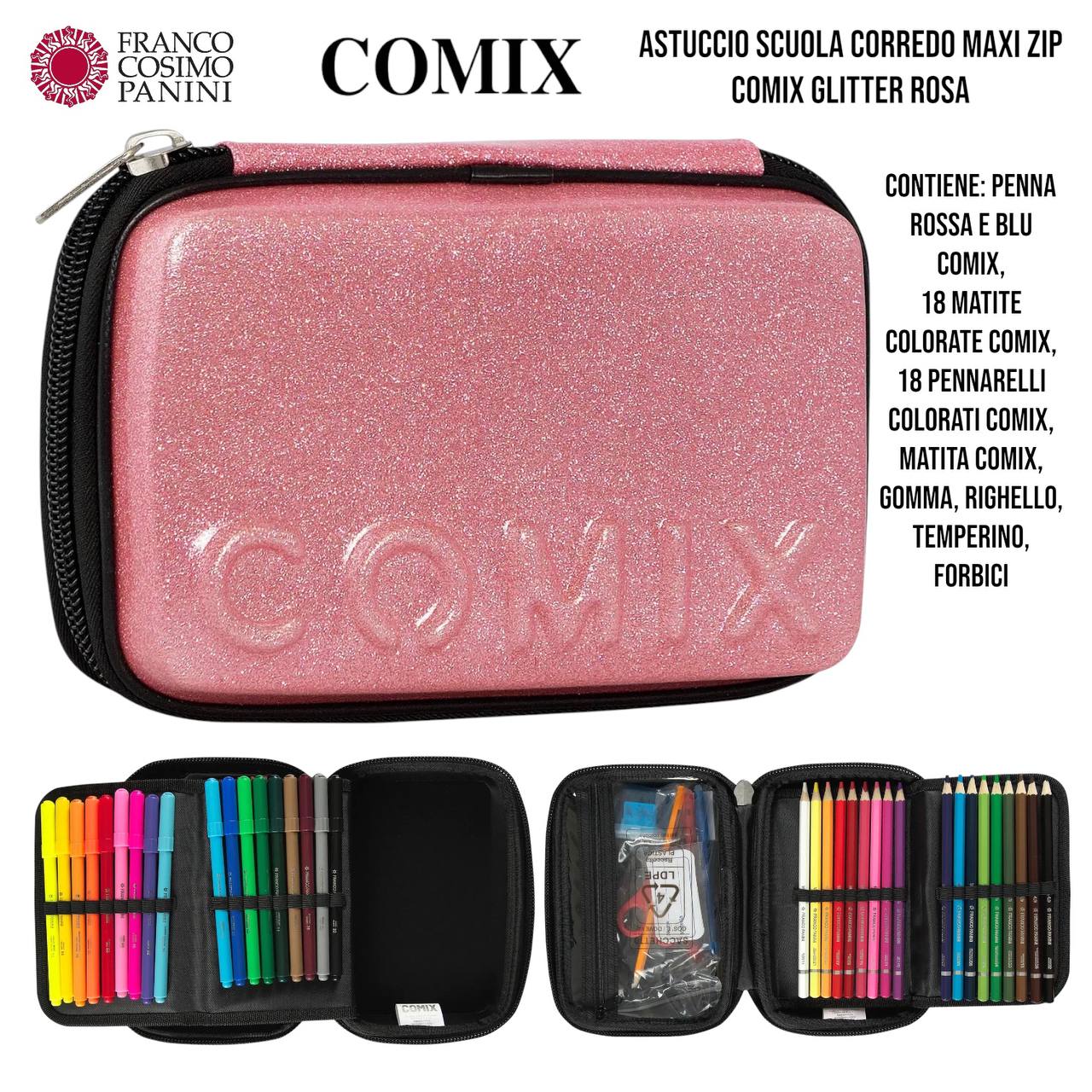 Astuccio Scuola Completo 3 Zip Comix – Modello Maxi Zip Glitter Rosa