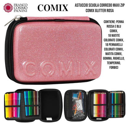 Astuccio Scuola Completo 3 Zip Comix – Modello Maxi Zip Glitter Rosa