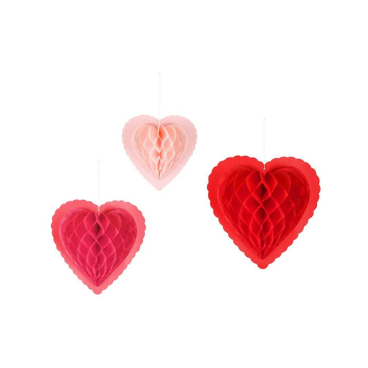 Decorazione Cuori da appendere a nido d'ape 3pz