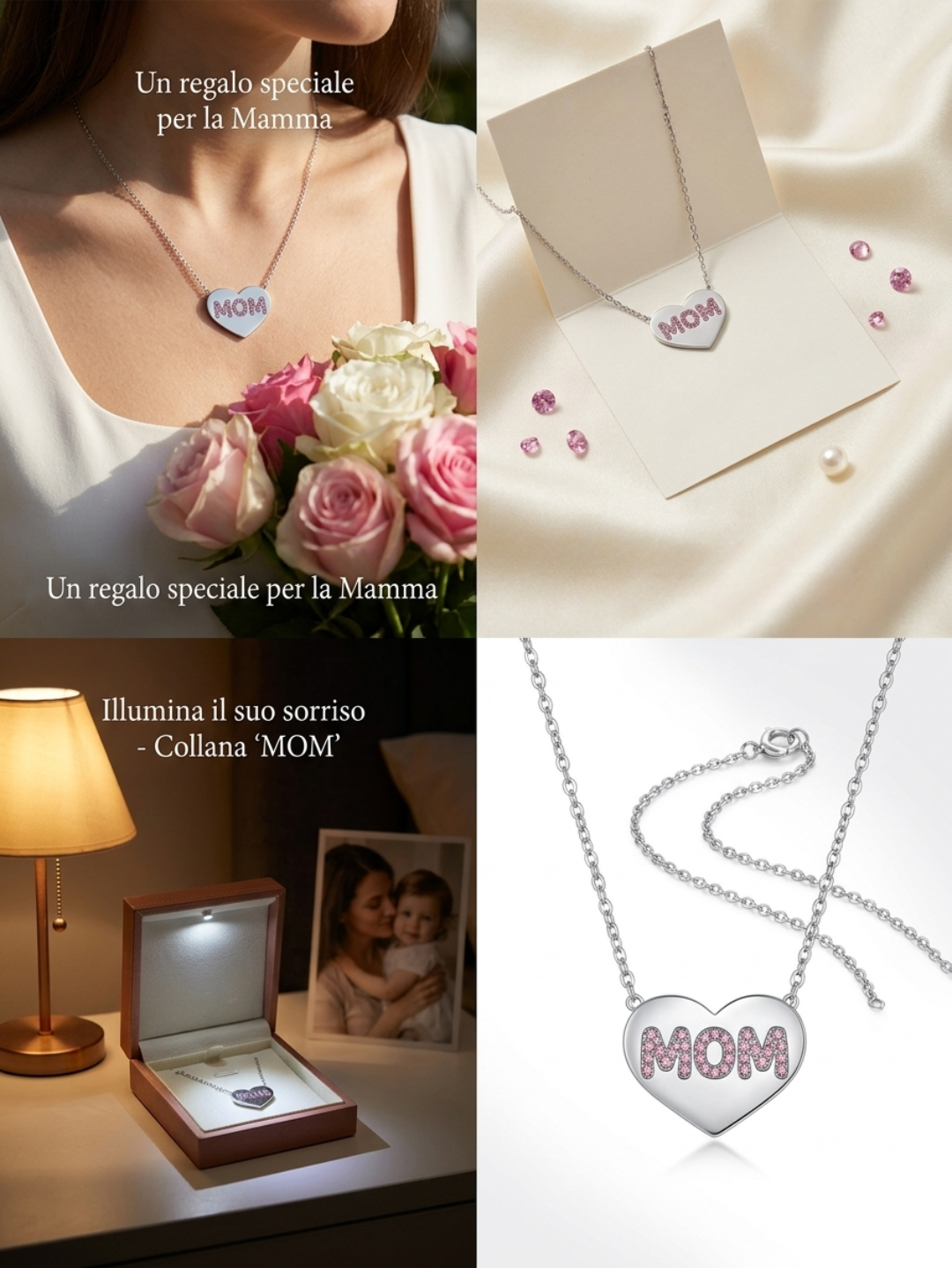 Collana Cuore "MOM" in Argento – Pendente con Punti Luce Rosa